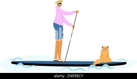 Femme senior debout à bord du sup et le chat comme passager. Histoire de paddle-board à personnages simples de dessin animé. Illustration de Vecteur