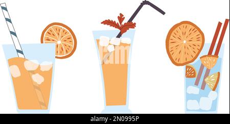 Ensemble de cocktails d'été boho avec croquis dessinés à la main. Ensemble de boissons estivales simples et plates avec glace en deux couleurs : bleu froid et orange. Illustration de Vecteur