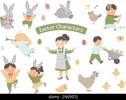 Collection de personnages de Pâques. Ensemble vectoriel avec lapin mignon, enfants, œufs colorés, oiseau péchant, poussins, ange. Printemps illustration drôle. Illustration de Vecteur