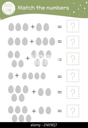 Jeu de mathématiques avec œufs. Activité mathématique de Pâques pour les enfants d'âge préscolaire. Feuille de calcul du printemps. Énigme d'ajout éducatif avec élément mignon drôle Illustration de Vecteur