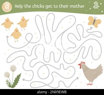 Labyrinthe de Pâques pour les enfants. Activités préscolaires de printemps. Jeu de puzzle amusant avec poule mignon, poulets, pissenlit, papillon. Aidez les poussins à atteindre t Illustration de Vecteur