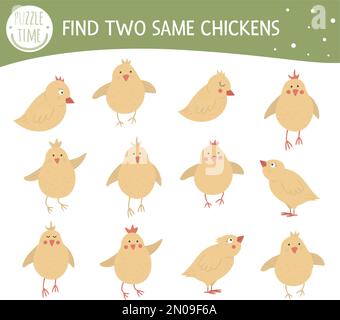 Trouvez deux poulets identiques. Activité de Pâques assortie pour les enfants d'âge préscolaire avec des poussins mignons. Jeu de printemps amusant pour les enfants. Feuille de travail du questionnaire logique. Illustration de Vecteur