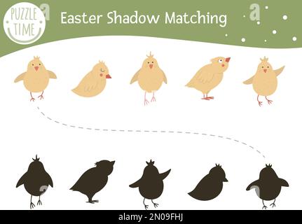 Activité d'appariement des ombres de Pâques pour les enfants. Puzzle de vacances chrétiennes d'âge préscolaire. Jolie petite énigme éducative de printemps. Trouvez la silhouette de poulet correcte Illustration de Vecteur