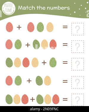 Jeu de mathématiques avec œufs de couleur. Activité mathématique de Pâques pour les enfants d'âge préscolaire. Feuille de calcul du printemps. Un petit plus éducatif avec un drôle de mignon Illustration de Vecteur
