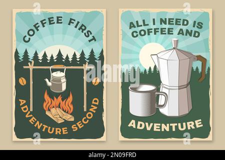 Jeu d'affiches rétro, bannière avec citations de voyage inspirantes. Concept vectoriel pour chemise ou logo, imprimé, timbre ou tee-shirt. Design avec thé de camping rétro Illustration de Vecteur