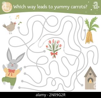 Labyrinthe de Pâques pour les enfants. Activités préscolaires de printemps. Jeu de puzzle amusant avec mignon lapin, carottes, tulipes, oiseau. De quelle manière mène à la carotte délicieuse Illustration de Vecteur