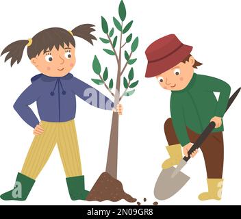 Illustration vectorielle d'enfants plantant un arbre isolé sur fond blanc. Enfants adorables travaillant dans le jardin. Terrain de creusage garçon avec bêche. Jardini de printemps Illustration de Vecteur