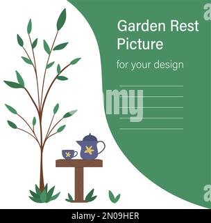 Illustration vectorielle d'un tableau avec théière et tasse sous l'arbre. Reposer après les travaux de jardin. Image de relaxation de post-jardinage. Affiche ou carte d Illustration de Vecteur