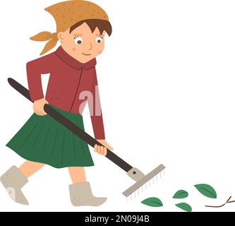 Illustration vectorielle d'une fille raking feuilles avec des rakes isolés sur fond blanc. Mignon enfant faisant des travaux de jardin. Activité de jardinage de printemps image WIT Illustration de Vecteur