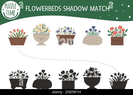 Activité d'appariement des ombres pour les enfants avec fleurs de jardin dans les parterres de fleurs. Puzzle préscolaire avec plantes. Jolie petite riddle pédagogique à motif fleuri de printemps. Trouvez le Illustration de Vecteur