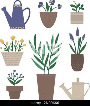Illustration vectorielle de plantes en pots avec arrosoirs. Plat tendance main tiré ensemble de plantes de maison pour la conception de jardinage à la maison. Collection de beau Illustration de Vecteur