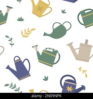 Motif vectoriel sans coutures avec arrosoirs. Équipement de jardin répéter l'arrière-plan. Belle texture de jardinage de printemps ou d'été à la maison Illustration de Vecteur