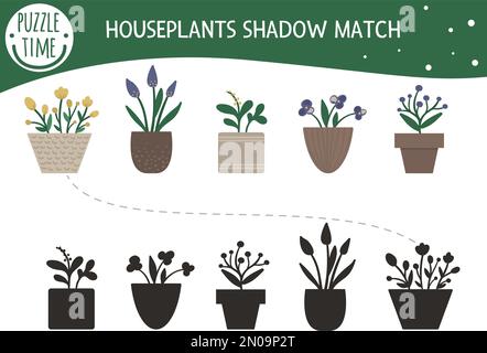 Activité d'appariement d'ombres pour les enfants avec des plantes de maison dans des pots. Puzzle préscolaire avec fleurs en pot maison. Jolie petite riddle pédagogique à motif fleuri de printemps. Rechercher Illustration de Vecteur