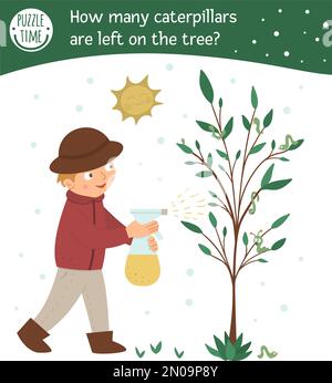 Jardin de printemps recherche maths comptage jeu pour les enfants avec mignon garçon pulvérisation de l'arbre contre les chenilles. Personnages souriants et mignons. Rechercher et Illustration de Vecteur