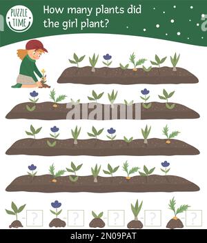 Jeu de comptage de mathématiques à la recherche de printemps pour les enfants avec une petite fille mignonne plantant des plantes dans le jardin. Personnages souriants et mignons. Rechercher et compter les germes A. Illustration de Vecteur