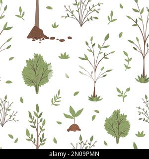 Motif vectoriel sans couture avec arbres, plantes, arbustes, buissons, brindilles. Fond de répétition de jardin de printemps plat. Jardinage ou texture forestière Illustration de Vecteur