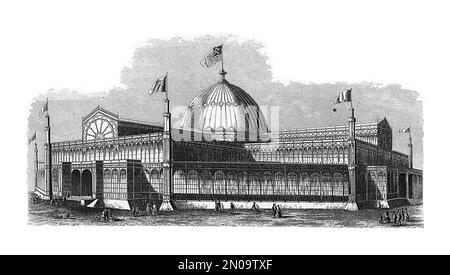 Illustration antique de 19th siècles représentant le Palais de Cristal de New York, conçue par Georg Carstensen et Charles Gildemeister. Gravure publiée dans sys Banque D'Images