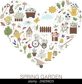 Cadre vectoriel avec outils de jardin, fleurs, herbes, plantes. Éléments de jardinage bannière ou invitation de fête encadrée en forme de coeur. Joli printemps drôle Illustration de Vecteur