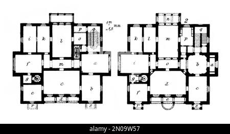 Gravure antique représentant le plan d'étage de la maison de banlieue allemande, XIX siècle. Illustration publiée dans Systematischer Bilder Atlas - Bauwesen, Ikonog Banque D'Images