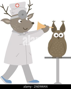 Vecteur animal médecin traitant le patient. Cerf vérifiant les oreilles de la chouette. Personnages amusants et mignons. Photo de la médecine pour les enfants. Scènes d'hôpital isolées sur whi Illustration de Vecteur