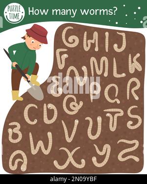 Jardin de printemps recherche maths comptage jeu pour les enfants avec le garçon mignon creusant les vers en forme de lettre ABC. Personnages souriants et mignons. Rechercher et ou Illustration de Vecteur