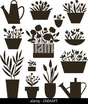 Illustration vectorielle de plantes en pots et lits avec silhouettes de cannettes . Plat tendance main tiré ensemble de plantes de maison pour la conception de jardinage à la maison. C Illustration de Vecteur