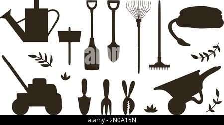 Ensemble vectoriel avec silhouettes d'outils de jardin, fleurs, herbes, plantes. Collection de matériel de jardinage noir et blanc. Illustration du ressort plat Illustration de Vecteur