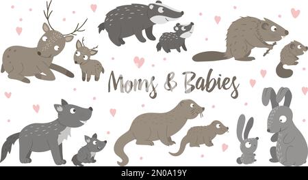 Ensemble vectoriel d'animaux de bébé plats dessinés à la main avec des parents. Drôle de scène d'animaux de bois montrant l'amour de famille. Illustration animée de la forêt mignonne pour Mot Illustration de Vecteur