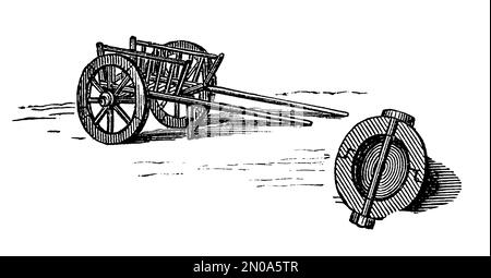 Gravure de 19th-siècle représentant les armes et les outils d'artillerie, XVII siècle: Obusier de 7 et 24-limande, limber, quadrant. Illustration publiée dans Sy Banque D'Images