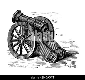 Gravure de 19th-siècle représentant les armes et les outils d'artillerie, XVII siècle: Obusier de 7 et 24-limande, limber, quadrant. Illustration publiée dans Sy Banque D'Images