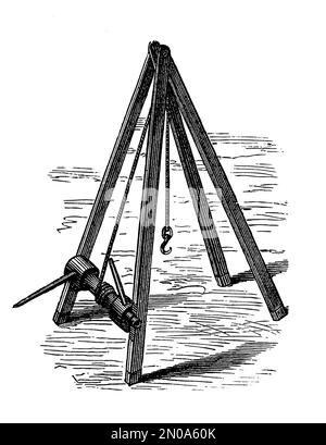 Gravure de 19th-siècle représentant les armes et les outils d'artillerie, XVII siècle: Obusier de 7 et 24-limande, limber, quadrant. Illustration publiée dans Sy Banque D'Images