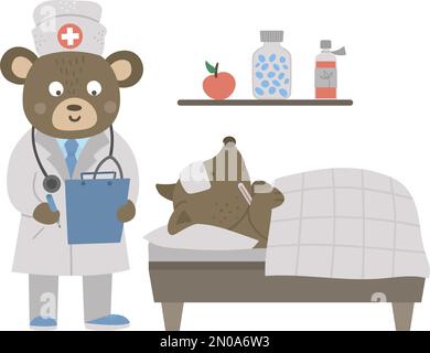 Vecteur animal médecin traitant le patient. Prenez des notes dans les anamneses près du lit du patient. Personnages amusants et mignons. Photo de la médecine pour les enfants. Hôpital Illustration de Vecteur