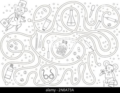 Labyrinthe de contour médical pour les enfants. Activité de médecine préscolaire. Jeu de puzzle drôle et page de coloration avec mignon médecin ours, souris malade, pilules, l'équipement méd Illustration de Vecteur