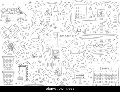 Labyrinthe médical pour les enfants sur fond noir. Activité de médecine préscolaire. Jeu de puzzle amusant avec une jolie voiture d'urgence et une clinique. Aider l'ambulance g Illustration de Vecteur