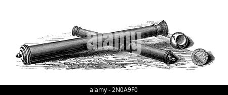 Gravure antique représentant l'artillerie allemande, française et italienne et les outils des XVIe, XVIIe et XVIIIe siècles : mortiers de 20 libiers, culverin, catapulte, f Banque D'Images