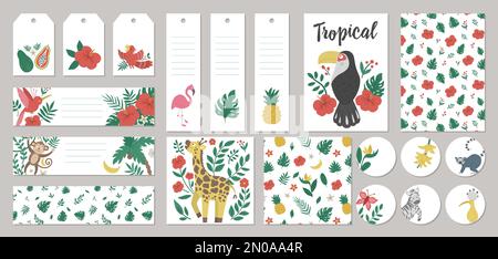 Ensemble de marqueurs-cadeaux d'été vectoriels, étiquettes, dessins préfabriqués, signets avec animaux tropicaux, plantes, fleurs, fruits. Modèles de cartes exotiques amusants avec cu Illustration de Vecteur