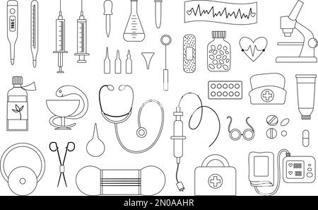 Ensemble d'icônes de lignes médicales vectorielles plates. Médecine ou assurance maladie, collection de contours de recherche. Équipement de santé et de laboratoire isolé sur le merde Illustration de Vecteur