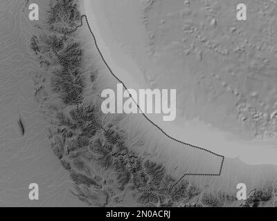 Al Batinah Nord, région d'Oman. Carte d'altitude en niveaux de gris avec lacs et rivières Banque D'Images