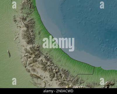 Al Batinah Nord, région d'Oman. Carte d'altitude colorée en style wiki avec lacs et rivières Banque D'Images