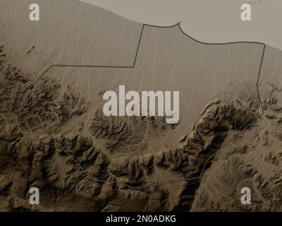 Al Batinah Sud, région d'Oman. Carte d'altitude colorée en tons sépia avec lacs et rivières Banque D'Images