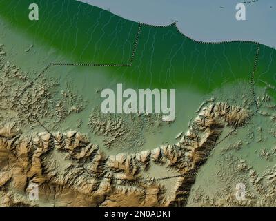 Al Batinah Sud, région d'Oman. Carte d'altitude en couleur avec lacs et rivières Banque D'Images