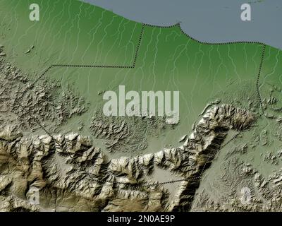 Al Batinah Sud, région d'Oman. Carte d'altitude colorée en style wiki avec lacs et rivières Banque D'Images