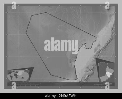 Al Wusta, région d'Oman. Carte d'altitude en niveaux de gris avec lacs et rivières. Lieux et noms des principales villes de la région. Emplacement auxiliaire du coin Banque D'Images