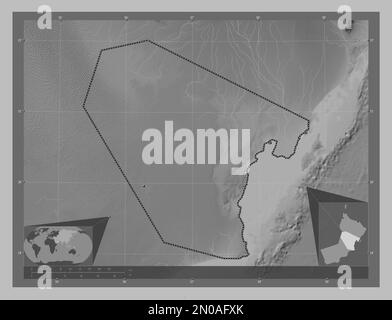 Al Wusta, région d'Oman. Carte d'altitude en niveaux de gris avec lacs et rivières. Lieux des principales villes de la région. Cartes d'emplacement auxiliaire d'angle Banque D'Images