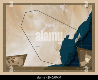 Al Wusta, région d'Oman. Carte satellite basse résolution. Lieux et noms des principales villes de la région. Cartes d'emplacement auxiliaire d'angle Banque D'Images