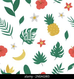 Motif vectoriel tropical sans couture avec fruits, fleurs et feuilles. Papier numérique à fleurs et feuillage de la jungle. Fond plat de plantes exotiques dessinées à la main. B Illustration de Vecteur