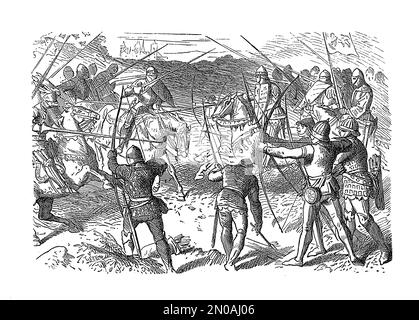Gravure antique de 19th siècles de la bataille de Crecy, l'une des plus importantes batailles de la guerre de cent ans, qui a eu lieu le 26 août 1346 Banque D'Images
