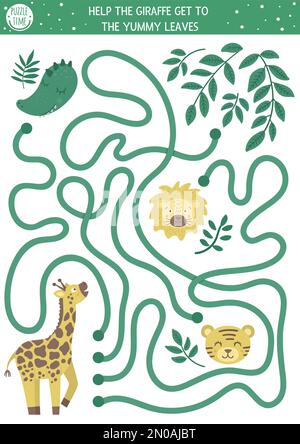 Labyrinthe tropical pour les enfants. Activité exotique préscolaire. Puzzle de jungle drôle. Aidez la girafe à atteindre les feuilles. Jeu d'été simple pour les enfants Illustration de Vecteur