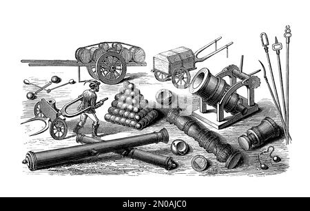 Gravure antique représentant l'artillerie allemande, française et italienne et les outils des XVIe, XVIIe et XVIIIe siècles : mortiers de 20 libiers, culverin, catapulte, f Banque D'Images