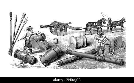 Illustration ancienne représentant les armes et outils d'artillerie allemands et français du XVIe siècle : 6 et 20 libiers, mortiers de 18, 20, 25 libiers. E Banque D'Images